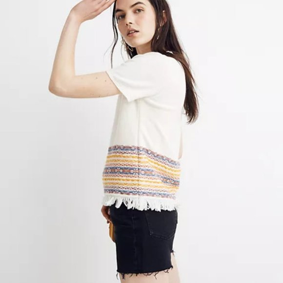 Madewell Fringed Sweater M Ivory Jacquard Knit Tee Short Sleeves Boho - Picture 7 of 9